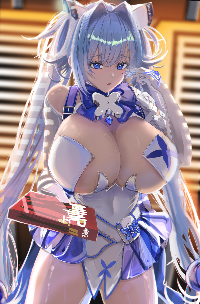1girl, 96mako, absurdres, belt, belt_pouch, blue_belt, blue_bow, blue_bowtie, blue_gem, blue_hair, blue_skirt, blue_trim, blurry, bow, bowtie, breasts, commentary, covered_navel, cowboy_shot, cross, depth_of_field, detached_sleeves, dress, english_commentary, eyebrows_hidden_by_hair, eyelashes, finger_to_eye, food, furrowed_brow, gem, goddess_of_victory:_nikke, gretel_(nikke), hair_intakes, highres, huge_breasts, indoors, long_hair, looking_to_the_side, parted_lips, pasties, pocky, pouch, reaching, reaching_towards_viewer, see-through_clothes, see-through_skirt, shoulder_belt, skirt, snack, solo, thighs, triangle_mouth, very_long_hair, white_belt, white_bow, white_dress, white_sleeves