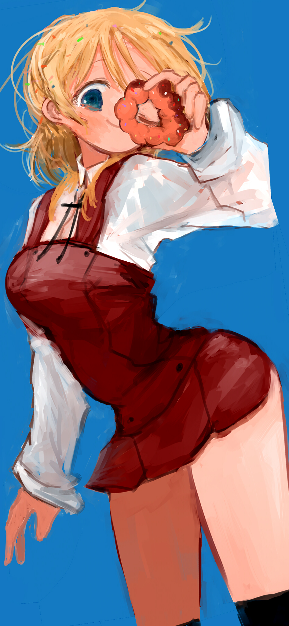 1girl, blonde_hair, blue_background, blue_eyes, donut, dress, feet_out_of_frame, food