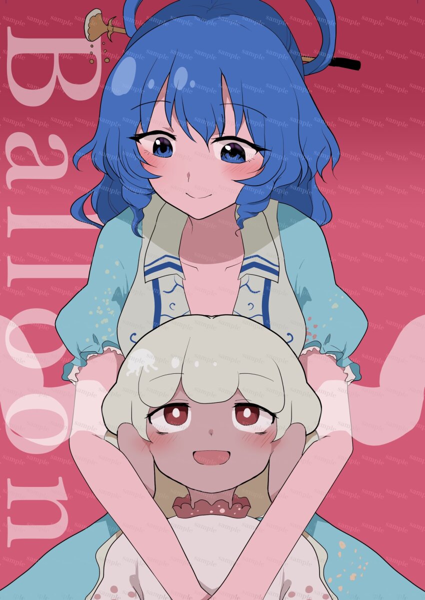 2girls, blue_dress, blue_eyes, blue_hair, dark-skinned_female, dark_skin, dress, ebisu_eika