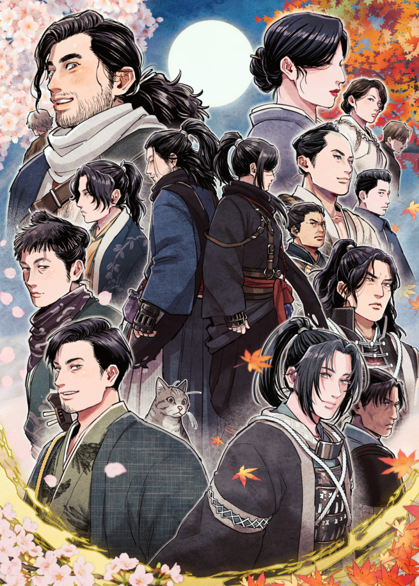 2girls, 6+boys, black_hair, brown_hair, cat, character_request, commentary_request, ernest_satow_(rise_of_the_ronin)