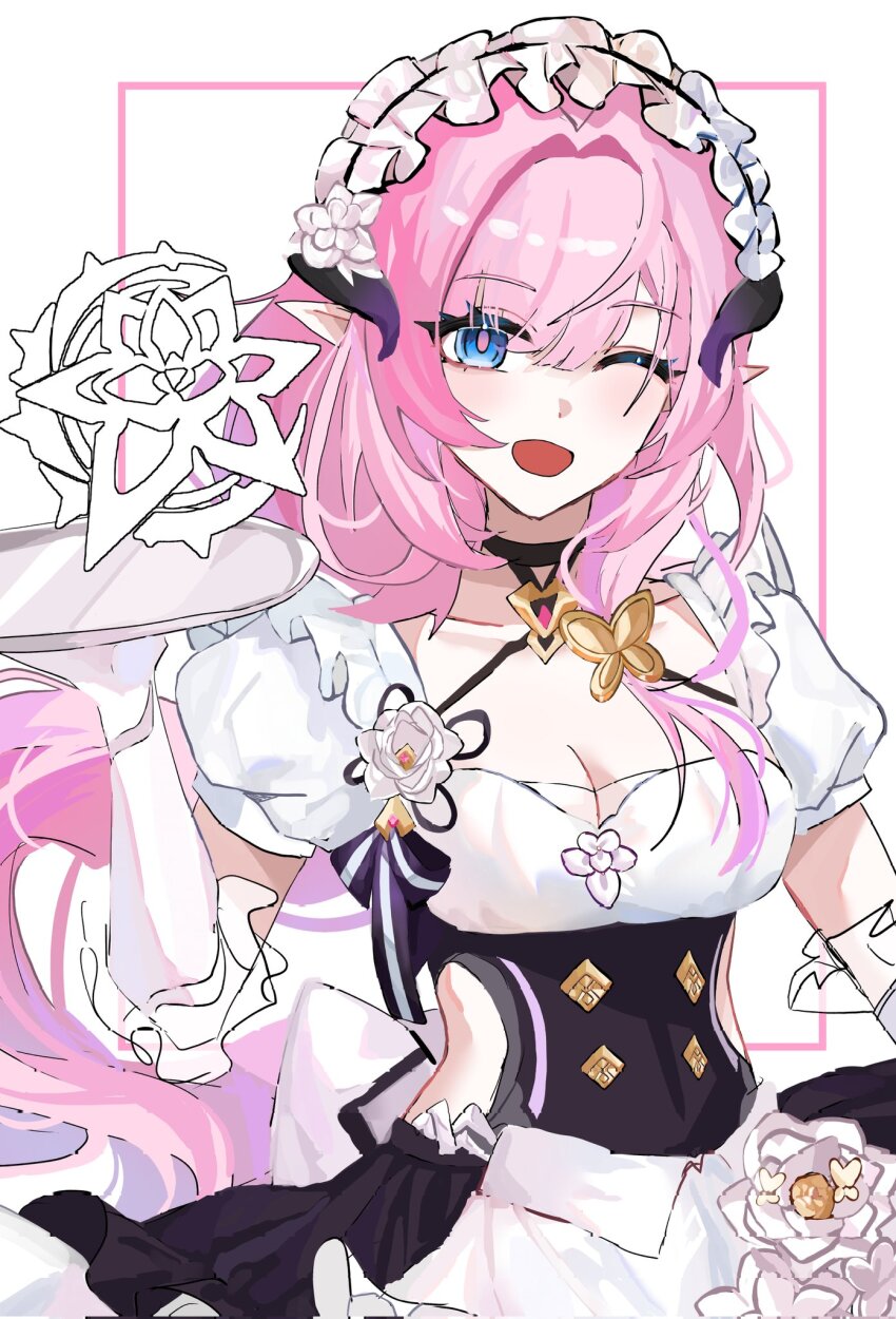 1girl, apron, black_dress, blue_eyes, breasts, butterfly_hair_ornament, cleavage, clothing_cutout