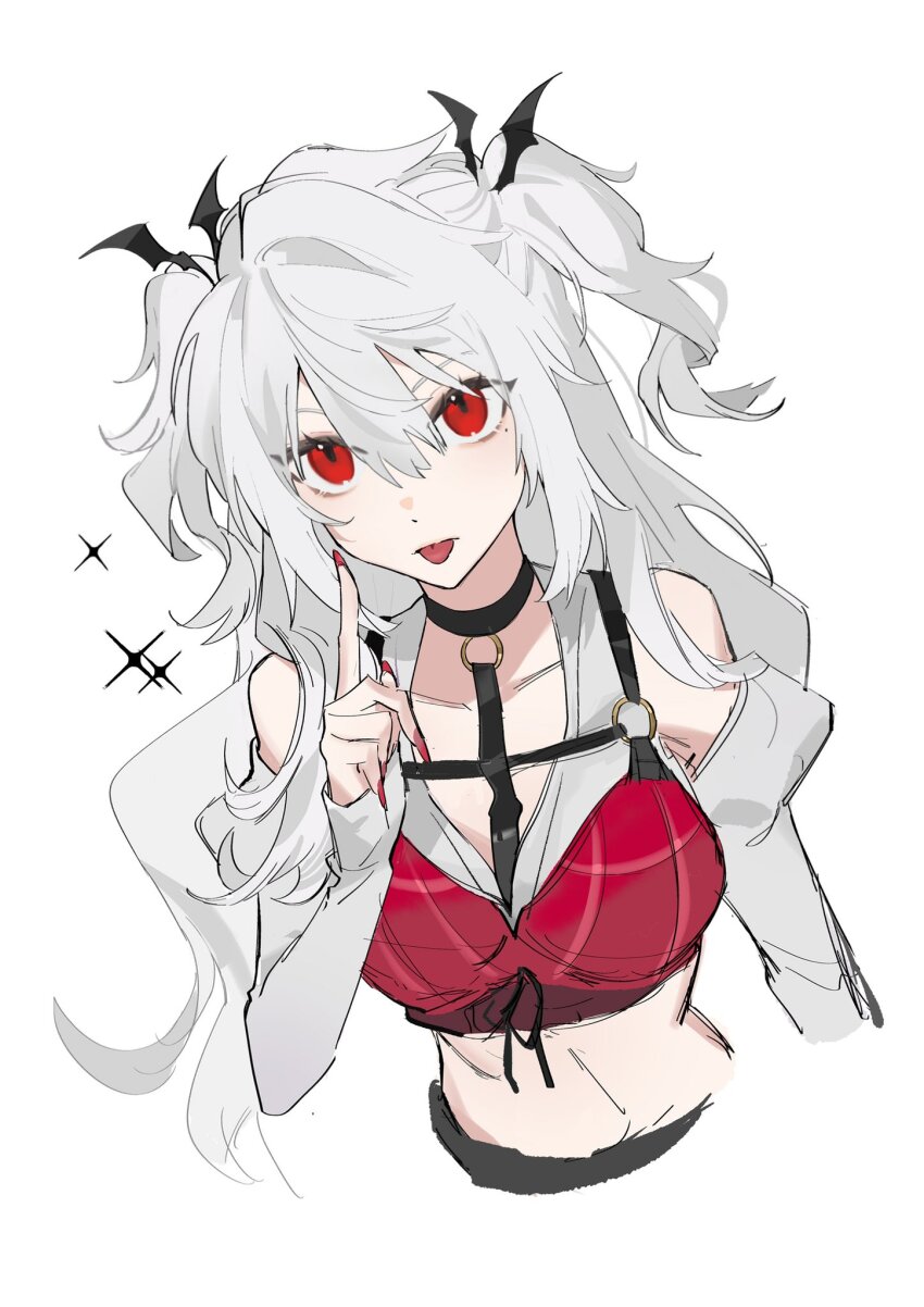 1girl, abbitr2, bare_shoulders, bat_hair_ornament, black_choker, choker, collarbone, cropped_shirt, detached_sleeves, finger_to_cheek, genderswap, genderswap_(mtf), hair_ornament, highres, kuzuha_(nijisanji), long_hair, long_sleeves, mole, mole_under_eye, nail_polish, nijisanji, plaid_clothes, red_eyes, red_nails, sanya_(nijisanji), shirt, simple_background, solo, stomach, tongue, tongue_out, two_side_up, vampire, virtual_youtuber, wavy_hair, white_background, white_hair, white_shirt