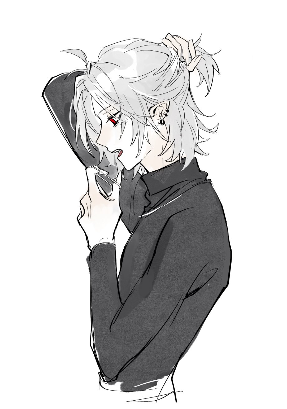 1boy, abbitr2, ahoge, black_shirt, earrings, from_side, hair_tie, highres, holding, holding_hair_tie, holding_own_hair, jewelry, kuzuha_(1st_costume)_(nijisanji), kuzuha_(nijisanji), long_sleeves, looking_down, male_focus, medium_hair, necklace, nijisanji, open_mouth, pointy_ears, red_eyes, shirt, simple_background, solo, vampire, virtual_youtuber, white_background