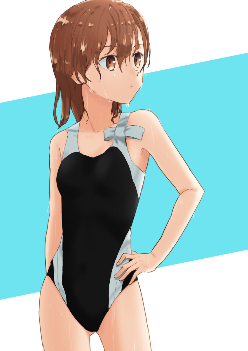 1girl, aic_oekaki, black_one-piece_swimsuit, blue_background, breasts, brown_eyes, brown_hair, collarbone