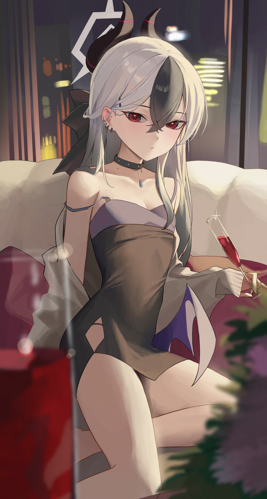 1girl, absurdres, black_choker, black_dress, black_hair, black_horns, blue_archive, blurry