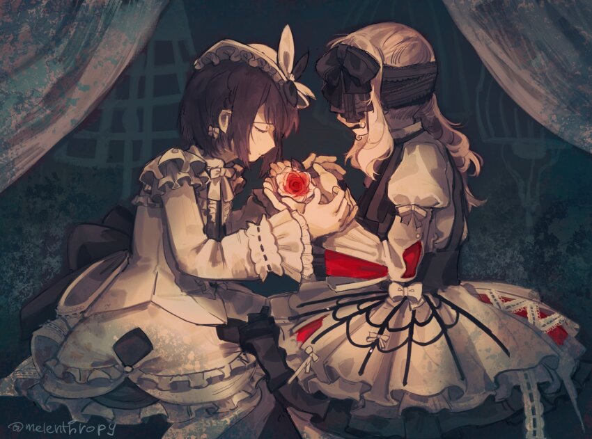 1girl, 1other, akiyama_mizuki, artist_name, blindfold, blonde_hair, bow, brown_hair