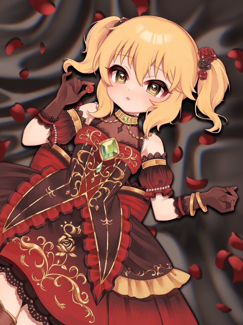 1girl, absurdres, bare_shoulders, blonde_hair, blush, commission, dokodemonai, dress