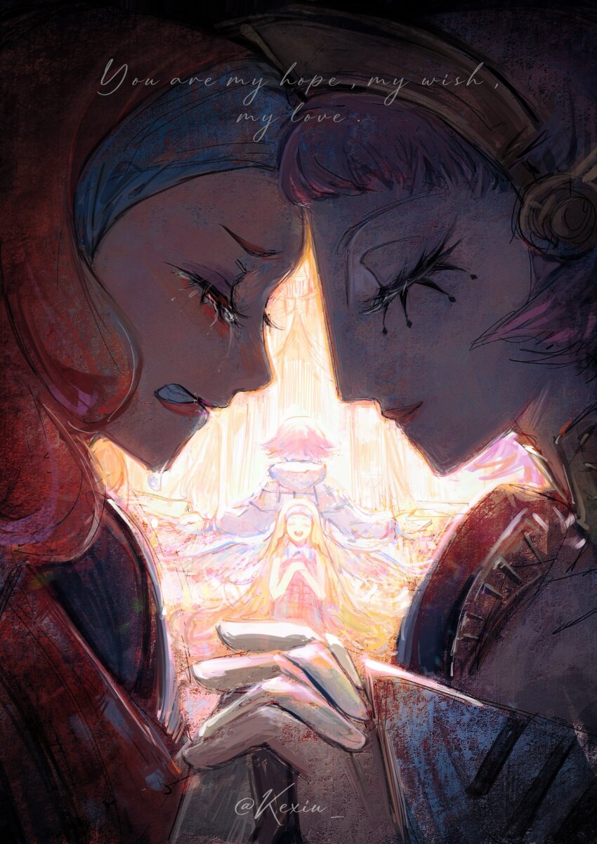 2girls, absurdres, clenched_teeth, closed_mouth, crying, english_text, forehead-to-forehead, hairband