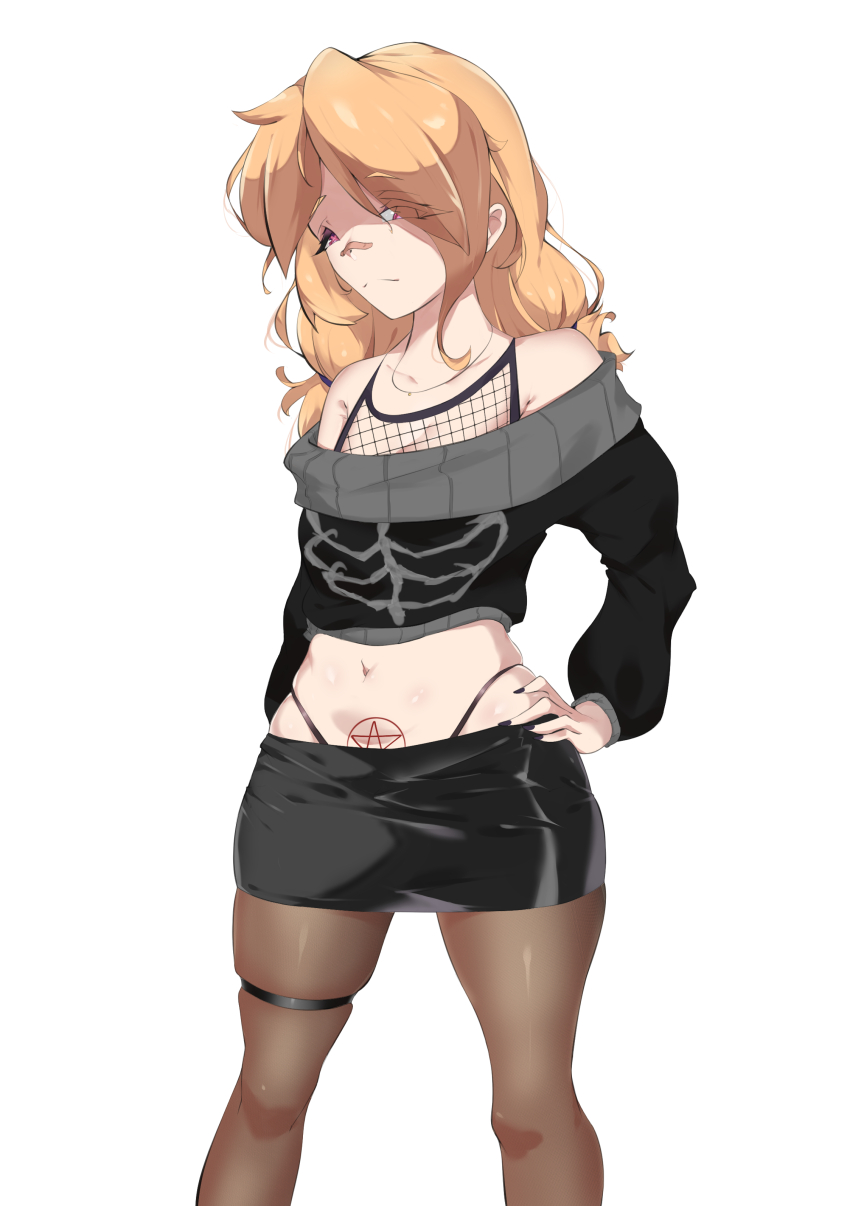 1girl, absurdres, alternate_costume, bandaid, bandaid_on_face, bandaid_on_nose, bare_shoulders, black_skirt