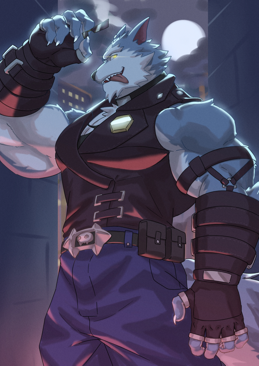 1boy, alley, animal_ears, bara, biceps, black_vest, blue_pants, claws, dislyte, animal_nose, fangs, fingerless_gloves, freddy_(fenrir)_(dislyte), furry, furry_male, gloves, glowing, glowing_eyes, grey_fur, highres, holding, holding_removed_eyewear, looking_at_viewer, male_focus, moon, muscular, muscular_male, pants, sunglasses, tail, tongue, tongue_out, unworn_eyewear, vest, wolf_boy, wolf_ears, wolf_tail, yellow_eyes, yosamerain