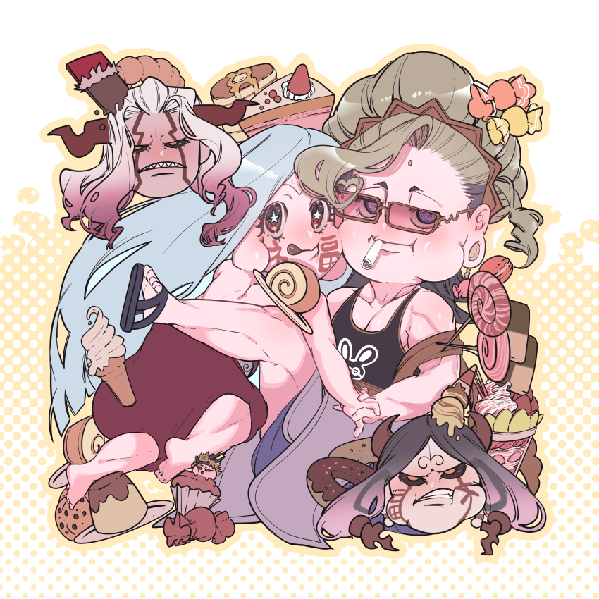 4boys, absurdres, angry, animal_print, baggy_pants, barefoot, bindi, black_footwear, black_hair, black_tank_top, blonde_hair, brown_robe, buddha_(shuumatsu_no_valkyrie), cake, candy, cheek_tattoo, chibi, chocolate, closed_mouth, cone, crown, crown_hair_ornament, crown_ornament, cupcake, demon_boy, demon_horns, donut, dual_persona, earlobes, facial_mark, facial_tattoo, flip-flops, food, gradient_hair, hair_bun, hajun_(shuumatsu_no_valkyrie), highres, holding, holding_hands, horns, ice_cream, jewelry, licking, licking_lips, long_hair, loose_hair_strand, male_focus, multicolored_hair, multiple_boys, muscular, muscular_male, nanako_nuchitsu, pants, pectoral_cleavage, pectorals, pink_hair, pudding, puffy_cheeks, rabbit_print, red_pants, robe, sandals, sharp_teeth, shuumatsu_no_valkyrie, star-shaped_pupils, star_(symbol), sweets, symbol-shaped_pupils, tank_top, tattoo, teeth, tongue, tongue_out, two-tone_hair, white_hair, yaoi, zerofuku_(shuumatsu_no_valkyrie)