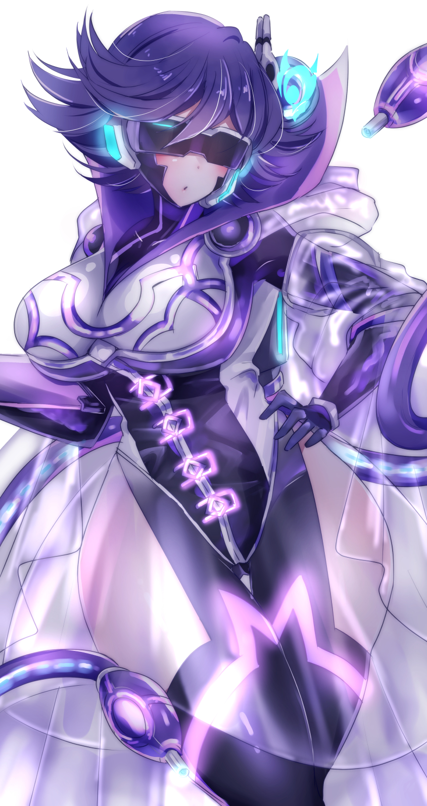 1girl, backup@ignister, backup_secretary, black_bodysuit, blush, bodysuit, breasts, clothing_cutout, cowboy_shot, duel_monster, hayupipipipi, head-mounted_display, highres, hip_vent, large_breasts, purple_hair, see-through_clothes, short_hair, simple_background, solo, white_background, white_bodysuit, yu-gi-oh!