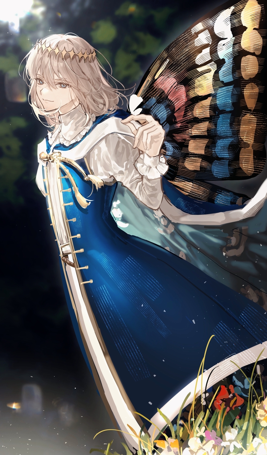 1boy, absurdres, arthropod_boy, blonde_hair, blue_cloak, blue_robe, blurry, blurry_background