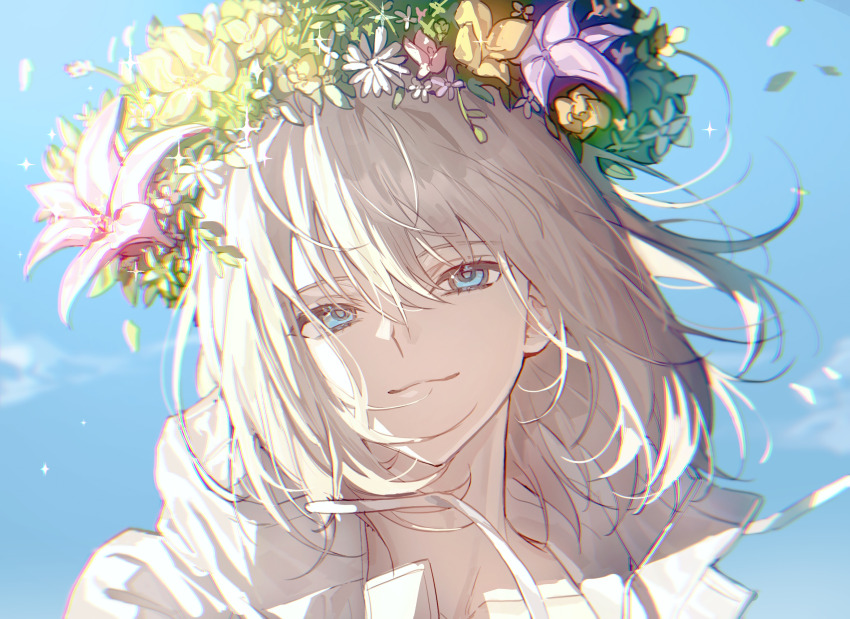 1boy, blonde_hair, blue_eyes, blue_sky, falling_leaves, fate/grand_order, fate_(series), flower_wreath