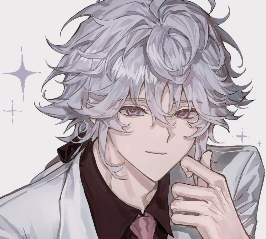 1boy, black_shirt, collared_shirt, fate/grand_order, fate_(series), grey_hair, hair_between_eyes, hanli_(chenyu807)