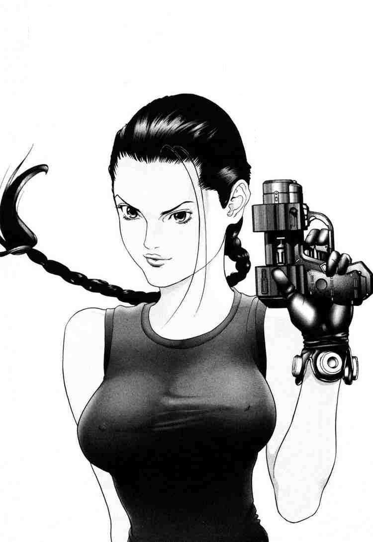 00s, 1girl, black_hair, braid, breasts, gantz, gun, large_breasts, lips, monochrome, sakuraoka_sei, tank_top, weapon