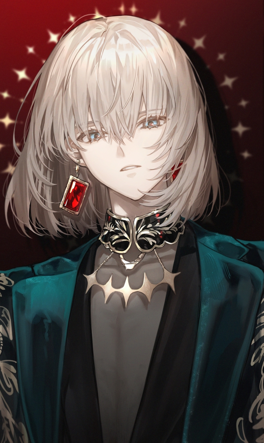 1boy, absurdres, black_shirt, blonde_hair, blue_eyes, choker, earrings, fate/grand_order