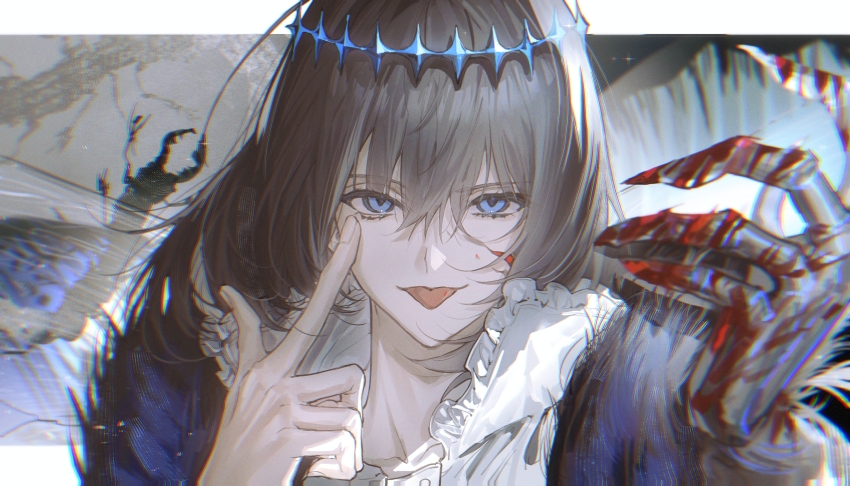 1boy, absurdres, akanbe, arthropod_boy, arthropod_limbs, blood, blood_on_hands, blue_eyes