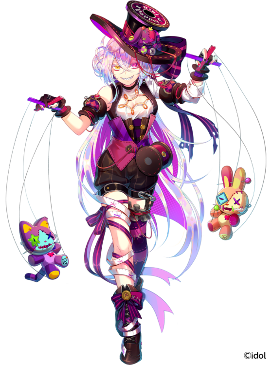 1girl, black_gloves, black_hat, black_nails, bow, brown_footwear, character_name, cleavage_cutout, clothing_cutout, colored_inner_hair, crossed_bangs, d!ce, footwear_bow, gloves, grey_hair, hair_between_eyes, hat, hat_writing, heterochromia, chromashift, long_hair, mallet, mole, mole_under_eye, multicolored_hair, nail_polish, official_art, partially_fingerless_gloves, pink_eyes, pink_nails, puppet, purple_hair, riki_poppet, sharp_teeth, shirt, single_sleeve, smile, stuffed_animal, stuffed_cat, stuffed_rabbit, stuffed_toy, teeth, virtual_youtuber, white_shirt, yellow_eyes