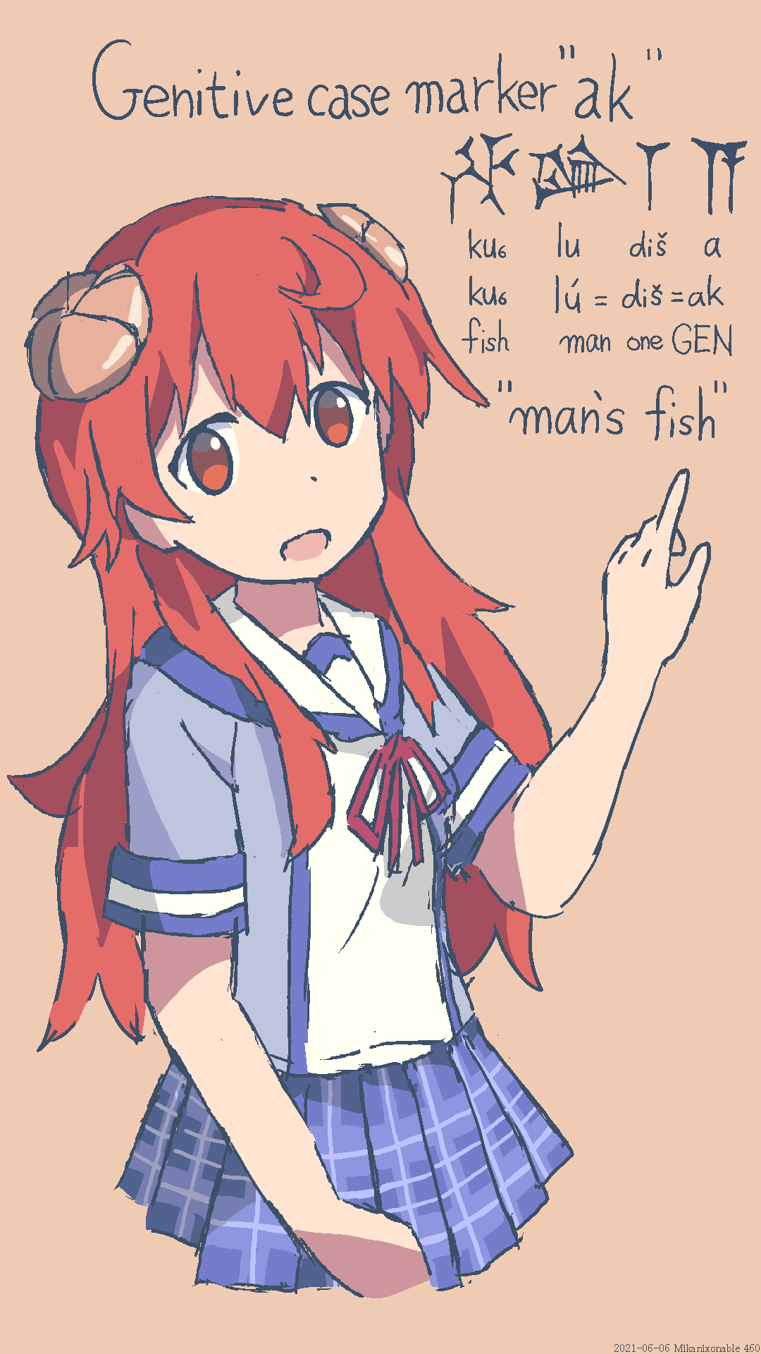 1girl, akkadian_text, cuneiform, curled_horns, demon_girl, demon_horns, highres, horns