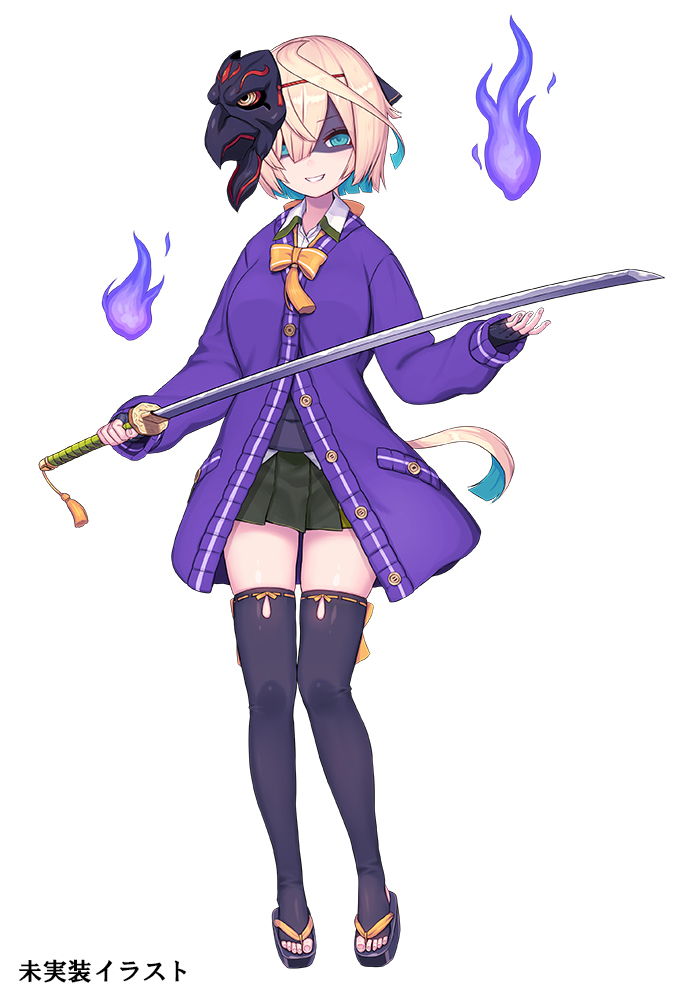 1girl, aqua_eyes, aqua_hair, blonde_hair, cardigan, commentary_request, dark_persona, fingerless_gloves, full_body, geta, gloves, hair_ribbon, hitodama, holding, holding_sword, holding_weapon, inaba_gou_(tenka_hyakken), long_hair, low_ponytail, mask, miniskirt, multicolored_hair, nidy, okobo, orange_ribbon, platform_sandals, ponytail, purple_cardigan, ribbon, sandals, shaded_face, shirt, skirt, smirk, stirrup_legwear, sword, tachi_(weapon), teeth, tenka_hyakken, thighhighs, toeless_legwear, two-tone_hair, weapon, white_shirt