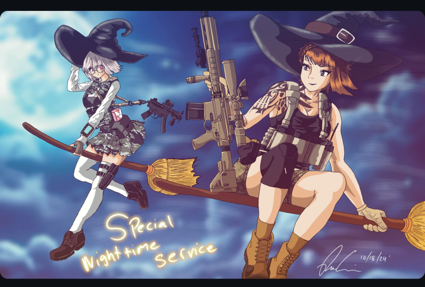 2girls, ankle_socks, artist_name, assault_rifle, belt, black_footwear, black_hat, black_tank_top