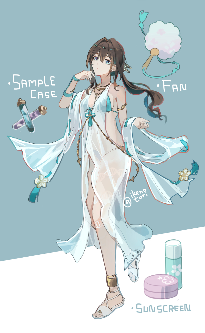 1girl, alternate_costume, anklet, bikini, blue_background, blue_bikini, breasts, brown_hair