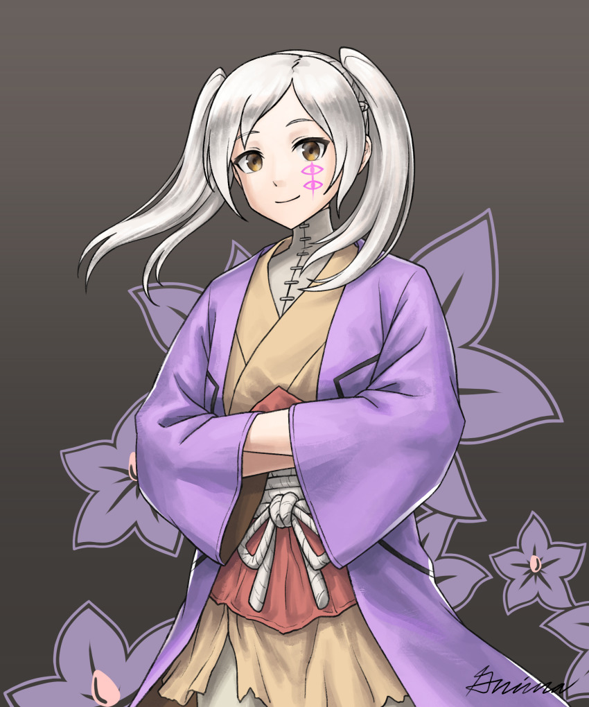 1girl, absurdres, alternate_costume, asagiri_gen, asagiri_gen_(cosplay), black_background, closed_mouth, commentary, commentary_request, cosplay, crossed_arms, dr._stone, english_commentary, eyes_of_grima, female_robin_(fire_emblem), fire_emblem, fire_emblem_awakening, floral_background, flower, grey_hair, grimaisbestwaifu, highres, looking_at_viewer, medium_hair, mixed-language_commentary, nintendo, parted_bangs, purple_flower, signature, smile, solo, twintails, upper_body, yellow_eyes