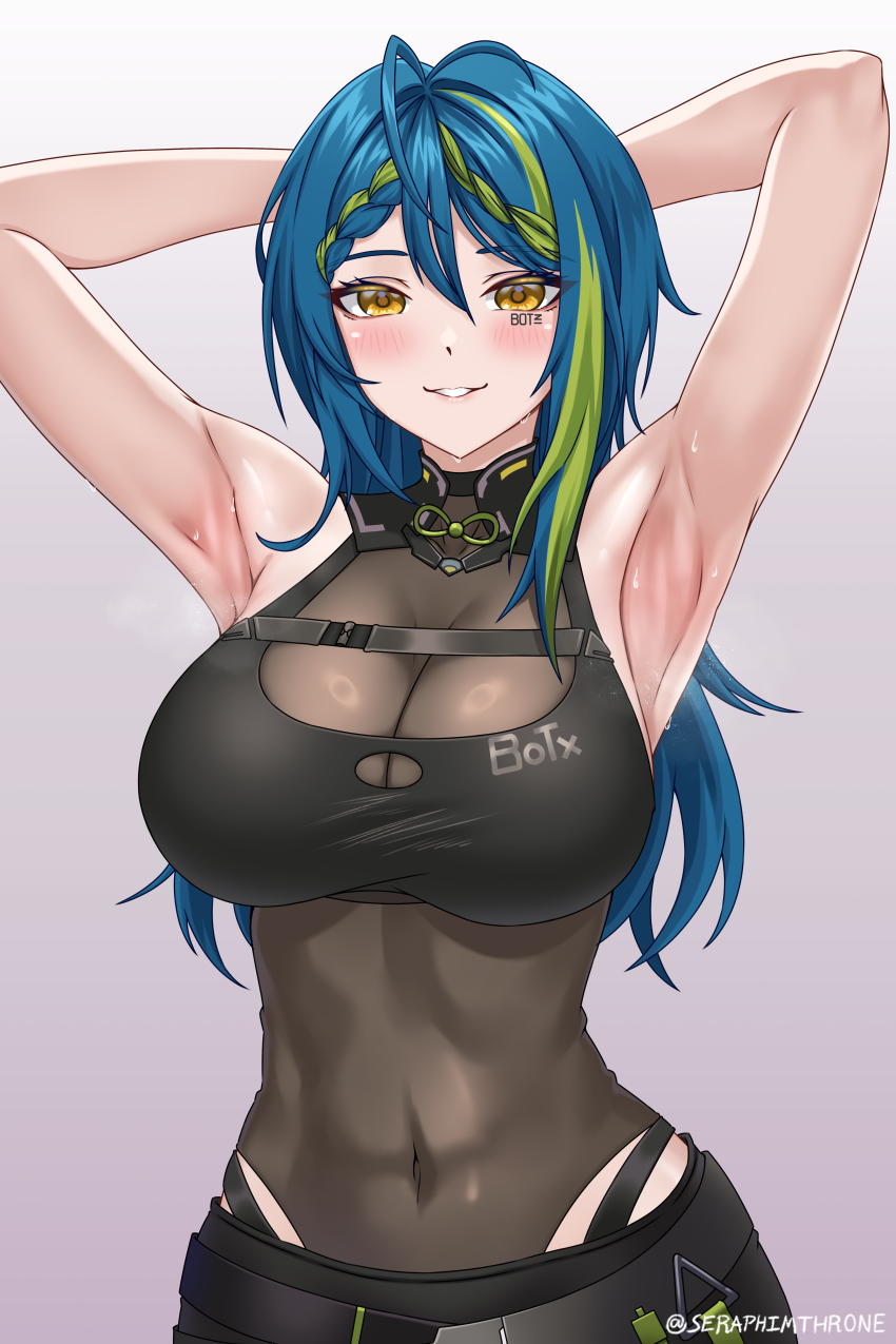 1girl, absurdres, aotsuki_remia, armpits, arms_behind_head, arms_up, bare_arms, black_bustier, black_skirt, blue_hair, breasts, bustier, chest_strap, cleavage, commentary, covered_navel, english_commentary, green_hair, green_streaks, grey_background, highres, large_breasts, leotard, long_hair, multicolored_hair, parted_lips, presenting_armpit, see-through_cleavage, see-through_clothes, see-through_leotard, seraphim_throne, simple_background, skirt, smile, solo, streaked_hair, sweat, twitter_username, virtual_youtuber, vspo!, vspo!_en, yellow_eyes