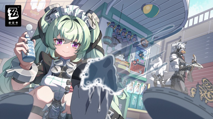 1boy, 1girl, :s, absurdres, animal_ear_fluff, animal_ears, apron, artist_name