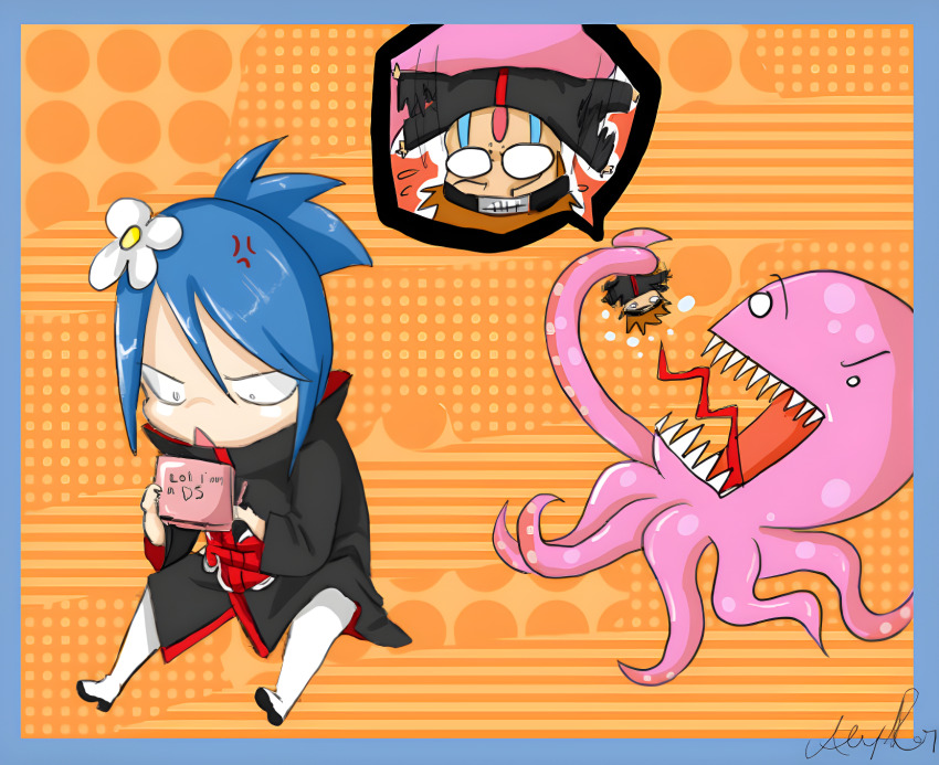 1boy, 1girl, akatsuki_uniform, anger_vein, blank_eyes, blue_border, blue_hair, border, crow213, crying, crying_with_eyes_open, flower, flower_on_head, flying_sweatdrops, forehead_protector, hair_between_eyes, handheld_game_console, highres, holding, ignoring, konan_(naruto), nagato_(naruto), naruto_(series), naruto_shippuuden, nintendo_ds, octopus, orange_background, orange_hair, pain_(naruto), patterned_background, piercing, sharp_teeth, sitting, speech_bubble, spiked_hair, streaming_tears, tears, teeth, triangle_mouth, upside-down
