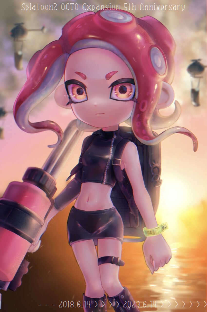 1girl, agent_8_(splatoon), aircraft, anniversary, backpack, bag, belt, belt_buckle