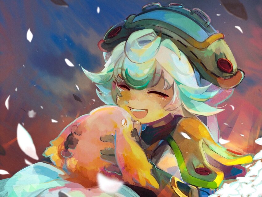 1girl, aht, aqua_hair, check_medium, closed_eyes, creature, holding, holding_creature, made_in_abyss, medium_request, meinya_(made_in_abyss), open_mouth, painting_(medium), prushka, solo, taru153, traditional_media, watercolor_(medium)