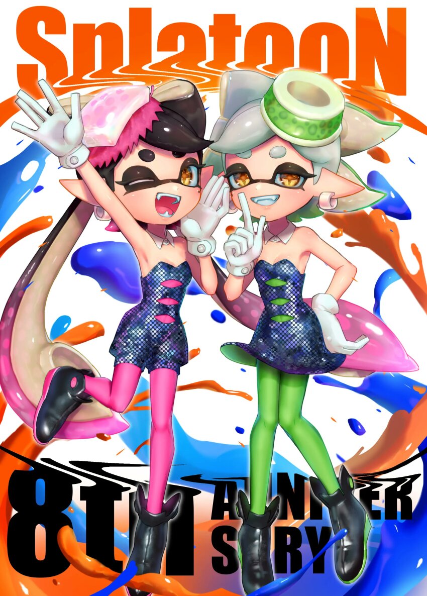 2girls, ;d, absurdres, ankle_boots, anniversary, arm_up, bare_shoulders, black_footwear, black_hair, blue_dress, blue_jumpsuit, boots, bow-shaped_hair, breasts, callie_(splatoon), callie_(squid_sisters_outfit)_(splatoon), coat, commentary_request, copyright_name, detached_collar, dress, earrings, fang, full_body, gloves, gradient_hair, green_hair, green_pantyhose, grey_hair, grin, half-closed_eyes, hand_on_own_hip, highres, index_finger_raised, inkling, jewelry, jumpsuit, long_hair, long_pointy_ears, looking_at_viewer, loveseaocolors, marie_(splatoon), marie_(squid_sisters_outfit)_(splatoon), mole, mole_under_eye, multicolored_hair, multiple_girls, nintendo, one_eye_closed, open_mouth, orange_pupils, pantyhose, pink_hair, pink_pantyhose, pointy_ears, short_hair, short_jumpsuit, small_breasts, smile, splatoon_(series), splatoon_1, standing, standing_on_one_leg, star-shaped_pupils, star_(symbol), strapless, strapless_dress, suction_cups, swept_bangs, symbol-shaped_pupils, tentacle_hair, twintails, two-tone_hair, white_coat, white_gloves, yellow_eyes