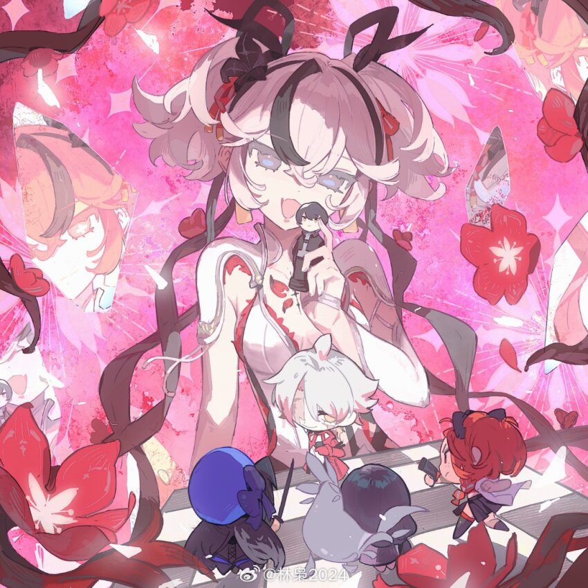 1boy, 4girls, baizhi_(wuthering_waves), black_flower, black_hair, black_ribbon, blake_bloom_(wuthering_waves), blue_eyes