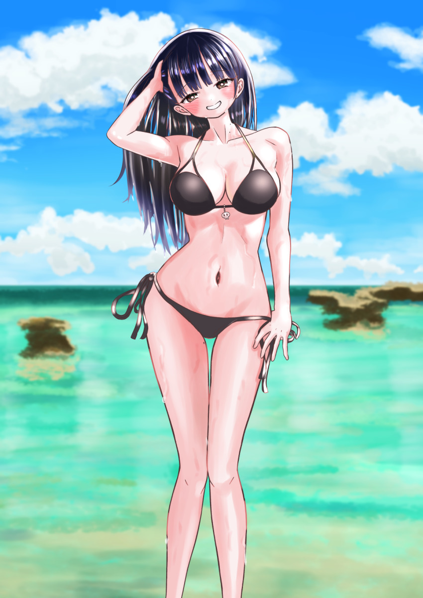 1girl, bikini, black_bikini, black_hair, blush, boku_no_kokoro_no_yabai_yatsu, breasts, brown_eyes