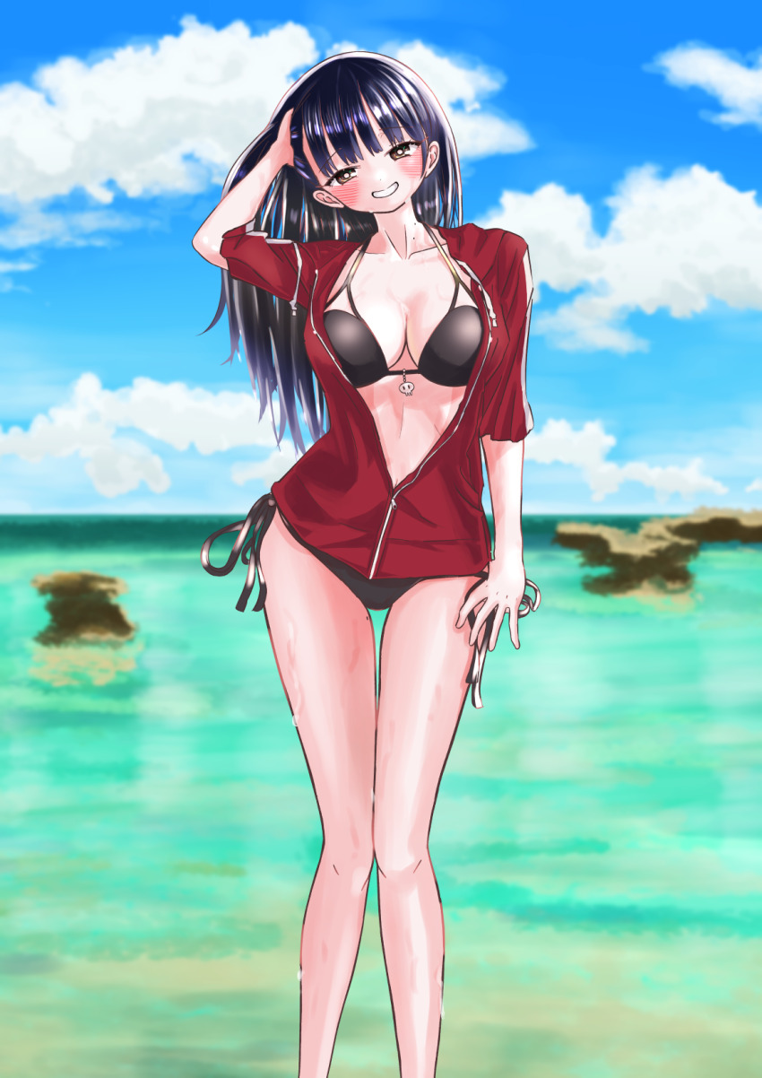 1girl, bikini, black_bikini, black_hair, blush, boku_no_kokoro_no_yabai_yatsu, breasts, brown_eyes