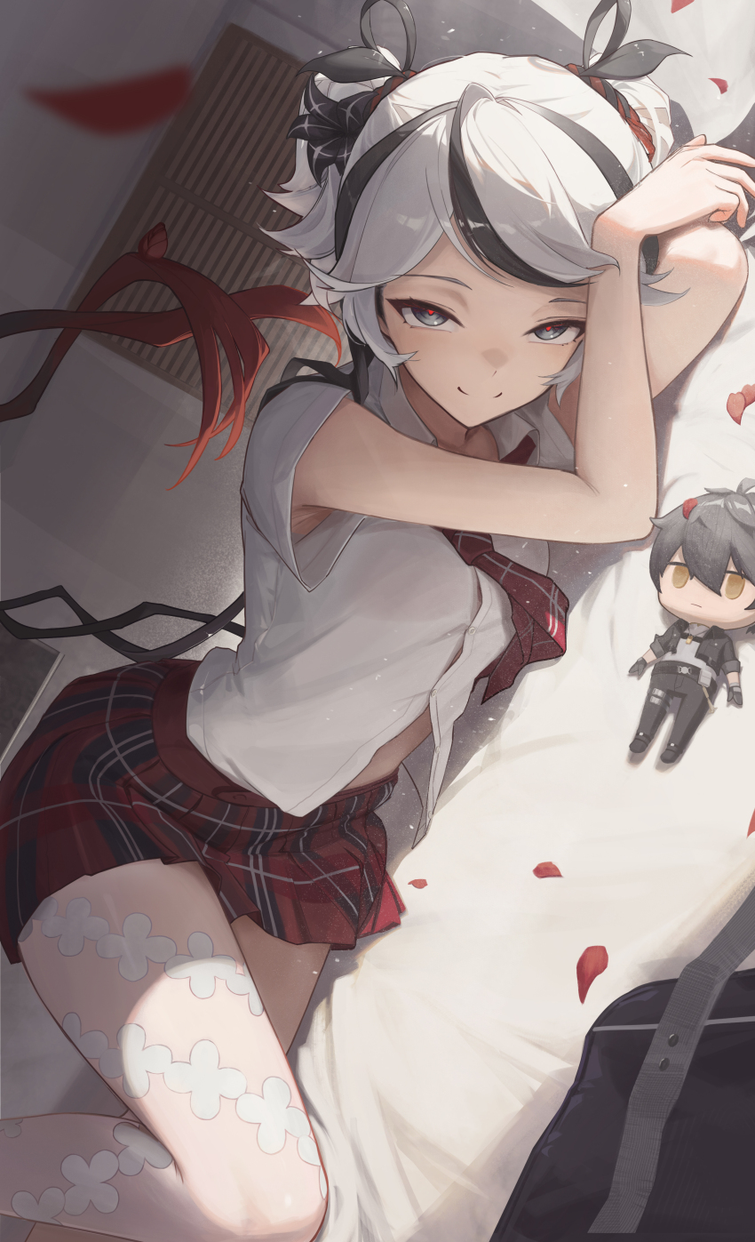 absurdres, alternate_costume, aton_(aton2503), bag, black_eyes, black_flower, black_ribbon, blake_bloom_(wuthering_waves)