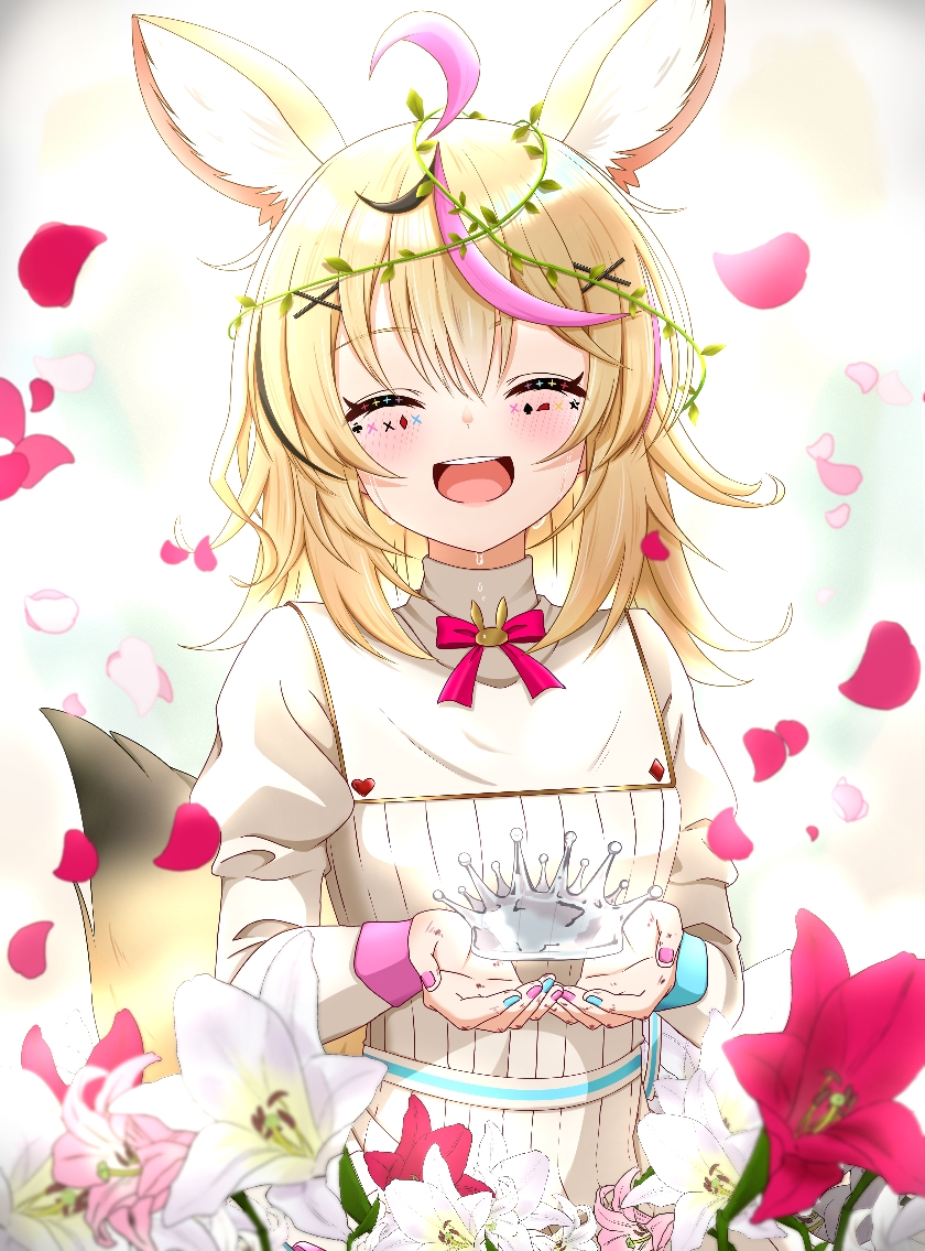 1girl, ahoge, alternate_costume, animal_ear_fluff, animal_ears, black_hair, blonde_hair, blue_nails