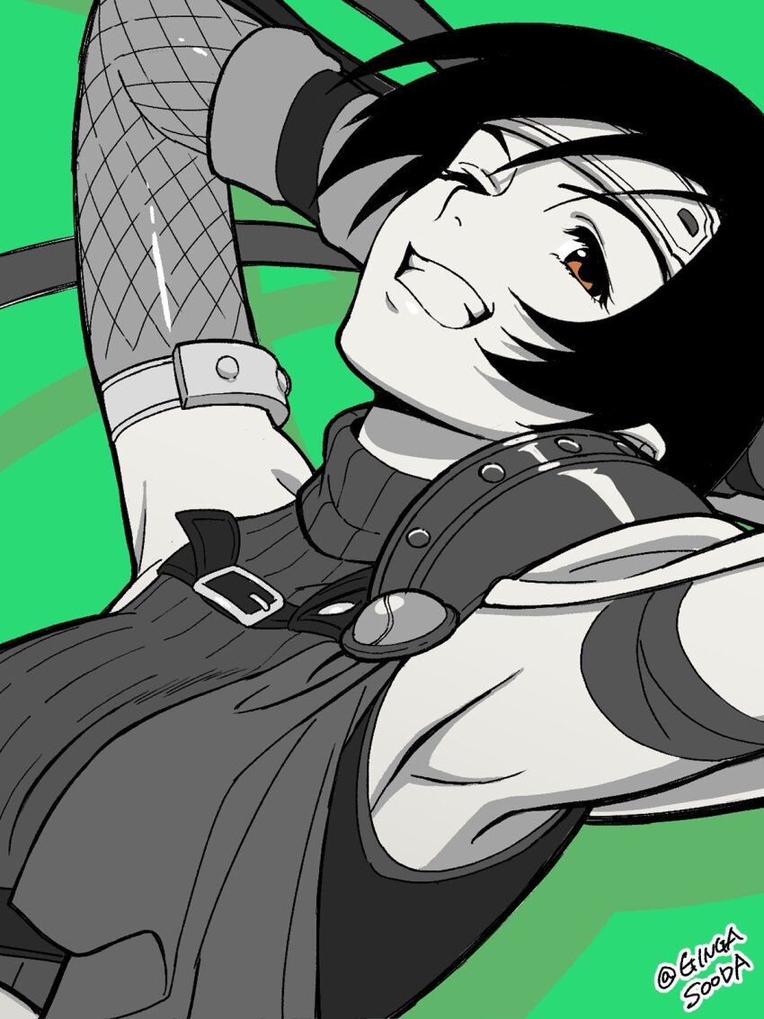 1girl, armor, armpits, arms_behind_head, black_hair, breasts, brown_eyes, chest_strap