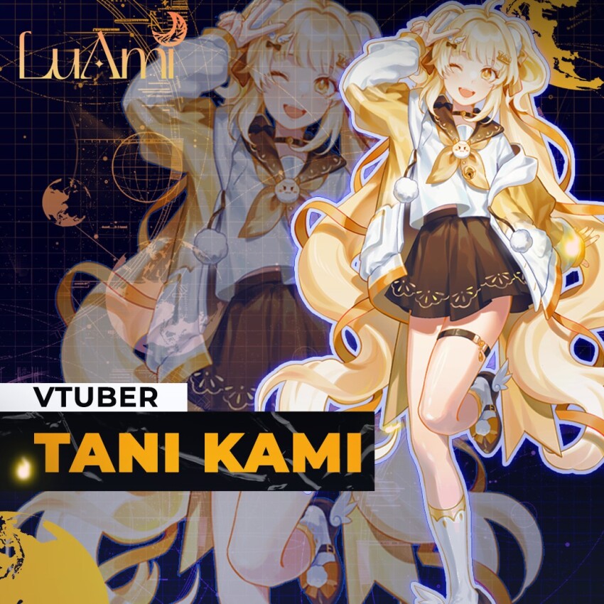 blonde_hair, brown_sailor_collar, brown_skirt, jacket, long_hair, luami_media, one_eye_closed, open_mouth