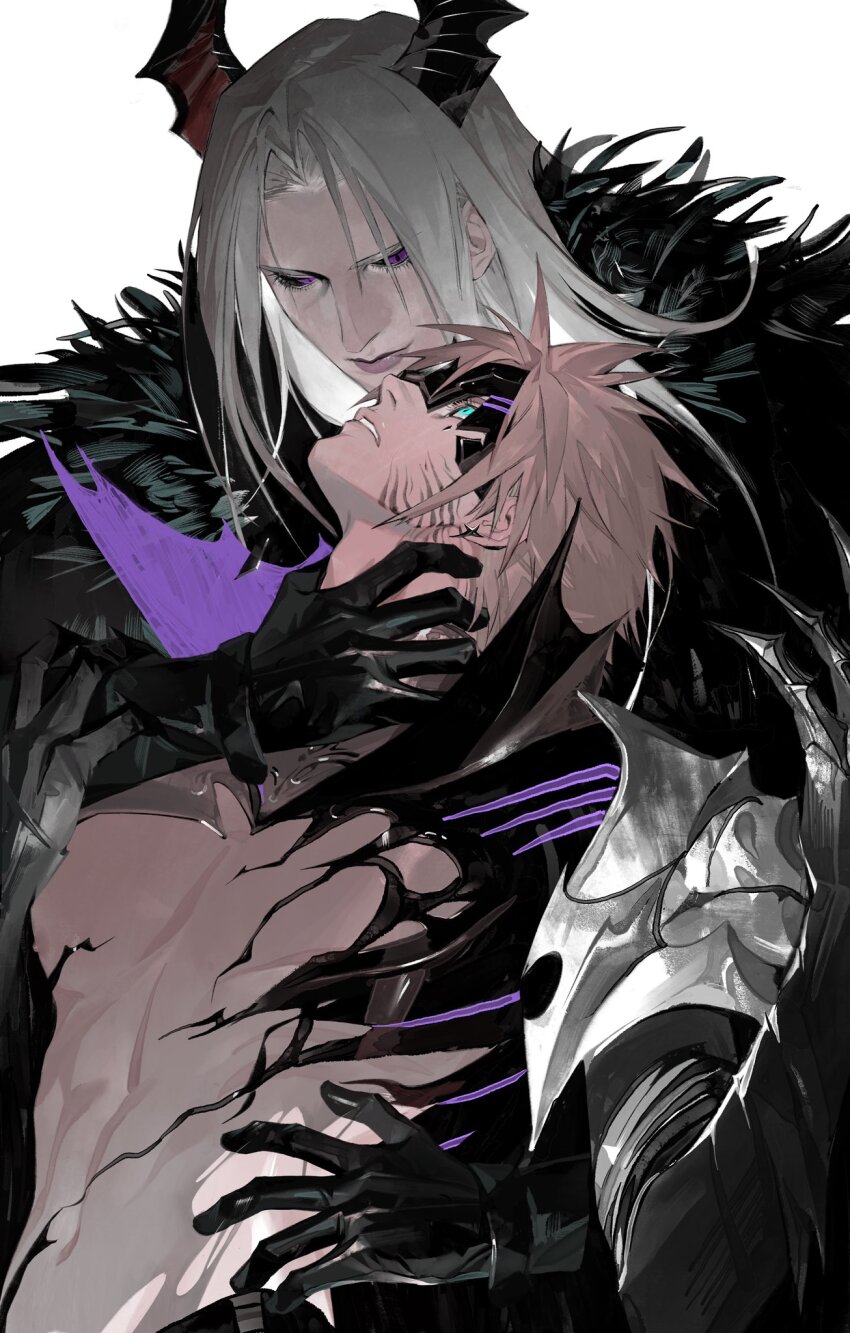 2boys, alina99liang, aqua_eyes, armor, black_armor, black_feathers, black_mask, blindfold_mask, blonde_hair, bodystocking, cloud_strife, cloud_strife_(bahamut_garb), demon_horns, earrings, eye_mask, facial_mark, feather_trim, feathers, final_fantasy, final_fantasy_vii, final_fantasy_vii:_ever_crisis, grey_hair, hair_between_eyes, half-closed_eyes, hand_on_another's_neck, highres, horns, jewelry, long_bangs, long_hair, male_focus, mask, multiple_boys, official_alternate_costume, parted_bangs, parted_lips, popped_collar, sephiroth, sephiroth_(dark_harbinger), short_hair, shoulder_armor, single_earring, spiked_hair, upper_body, white_background, yaoi