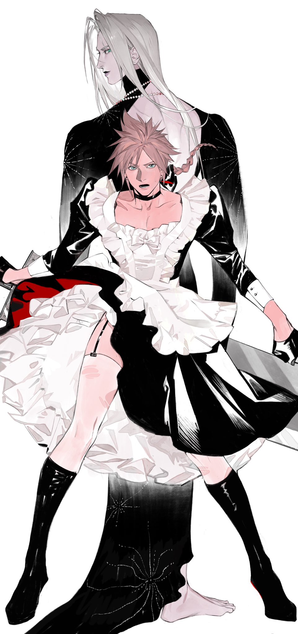 alina99liang, apron, aqua_eyes, back-to-back, backless_dress, backless_outfit, black_choker, black_dress, black_footwear, black_gloves, blonde_hair, boots, braid, buster_sword, choker, cloud_strife, crossdressing, dress, earrings, final_fantasy, final_fantasy_vii, frilled_apron, frills, full_body, garter_straps, gloves, grey_hair, grey_lips, highres, holding, holding_sword, holding_weapon, jewelry, long_bangs, long_hair, maid_apron, necklace, open_mouth, pale_skin, pearl_necklace, sephiroth, short_hair_with_long_locks, spiked_hair, standing, sword, thighhighs, thighs, weapon, white_background, white_thighhighs