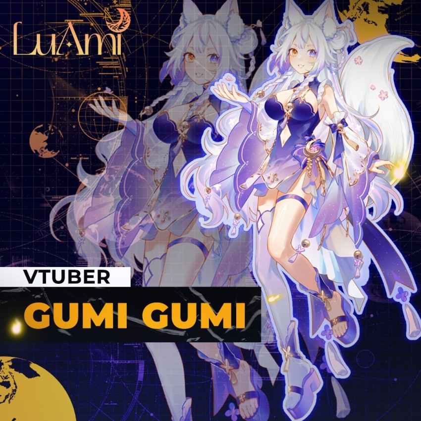 animal_ears, braid, detached_sleeves, fox_ears, fox_tail, gumi_gumi, long_hair, luami_media, monochrome, purple_ribbon, ribbon, single_thighhigh, smile, tail, tassel, thighhighs, twin_braids, ao_dai, virtual_youtuber, white_hair