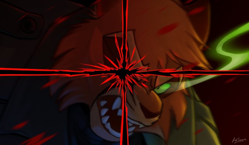 1boy, angry, animal_ears, black_coat, cat_boy, cat_ears, coat, colored_sclera, commentary, english_commentary, fangs, furry, furry_male, glowing, glowing_eyes, green_sclera, highres, lackadaisy, male_focus, meme, meme_request, open_mouth, raytessera, signature, upper_body, viktor_vasko