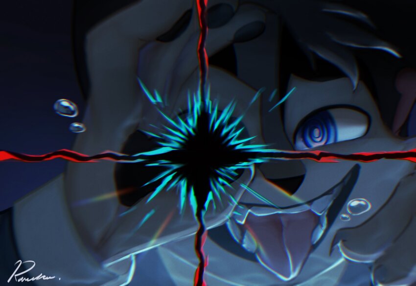 1boy, air_bubble, animal_ears, blue_eyes, bubble, cat_boy, cat_ears, claws, commentary, english_commentary, fangs, furry, furry_male, highres, lackadaisy, looking_at_viewer, male_focus, meme, meme_request, open_mouth, pawpads, ravvy_rave, rocky_rickaby, signature, tongue, tongue_out, upper_body