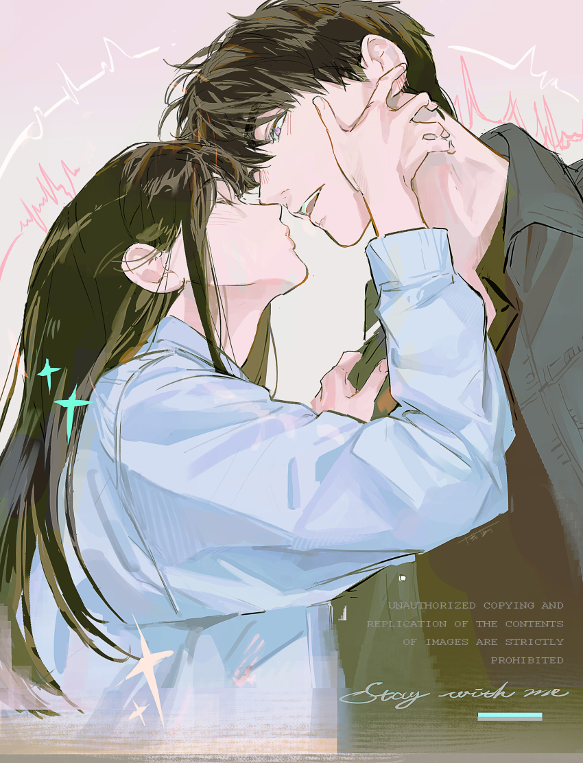 1boy, 1girl, absurdres, blue_jacket, blush, bosi_tenghu, brown_hair, caleb_(love_and_deepspace)