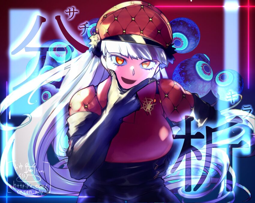 1girl, black_gloves, breasts, gloves, hand_on_own_chin, hat, long_hair, looking_at_viewer