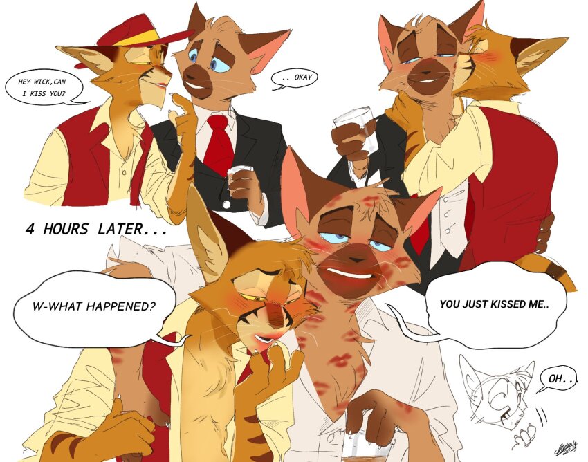 animal_ears, black_coat, blush, cat_boy, cat_ears, claws, closed_eyes, coat, commentary, cup, dorian_"zib"_zibowski, english_commentary, english_text, facing_another, furry, furry_male, highres, holding, holding_cup, kiss, kissing_cheek, lackadaisy, lipstick_mark, lipstick_mark_on_chest, lipstick_mark_on_face, lipstick_mark_on_hair, lipstick_mark_on_hand, looking_at_another, looking_down, looking_to_the_side, male_focus, multiple_views, necktie, red_necktie, red_vest, sedgewick_sable, shirt, signature, sketch_inset, smile, speech_bubble, undone_necktie, vest, wan_sloth, whiskers, white_background, white_shirt, yaoi, yellow_shirt