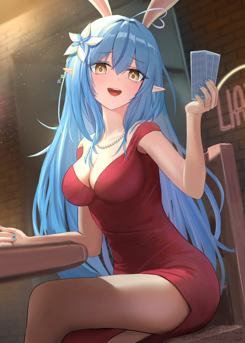 1girl, ahoge, alternate_costume, animal_ears, bare_shoulders, blue_hair, blue_nails, breasts